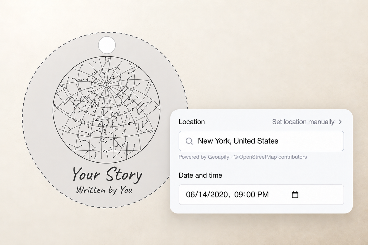 Star map in the designer with date, time and location settings.
