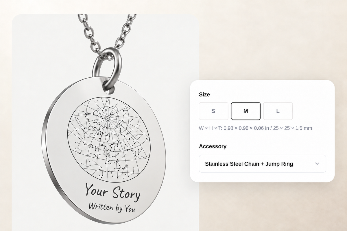 3D preview of a personalised stainless steel pendant with size and accessory options.