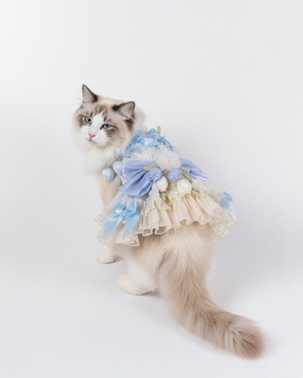 Layered Tulle Bow Dog & Cat Party Dress – Detachable 2-Piece Set, Floral Accents, 3 Colors