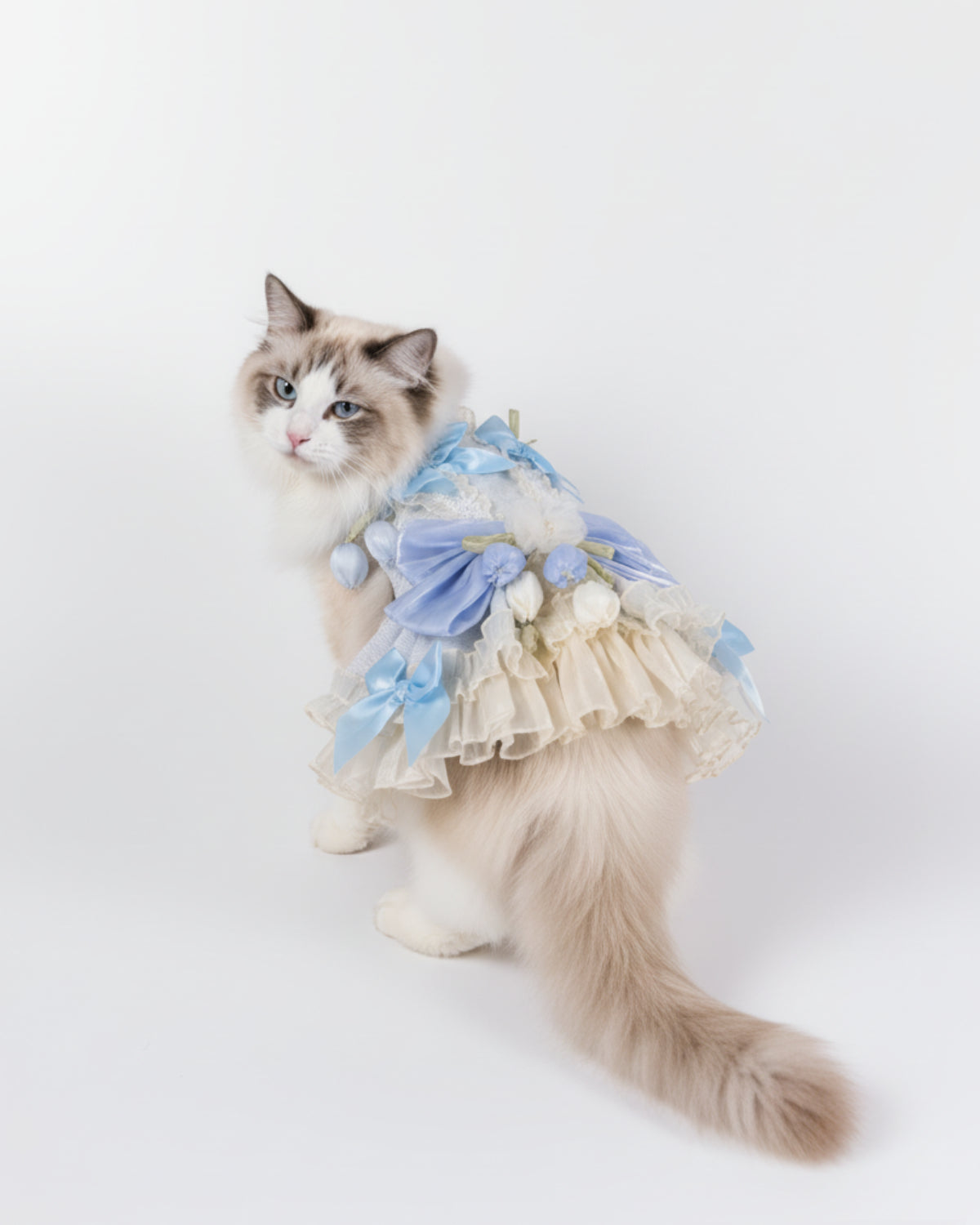 Layered Tulle Bow Dog & Cat Party Dress – Detachable 2-Piece Set, Floral Accents, 3 Colors