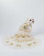 Layered Tulle Bow Dog & Cat Party Dress – Detachable 2-Piece Set, Floral Accents, 3 Colors