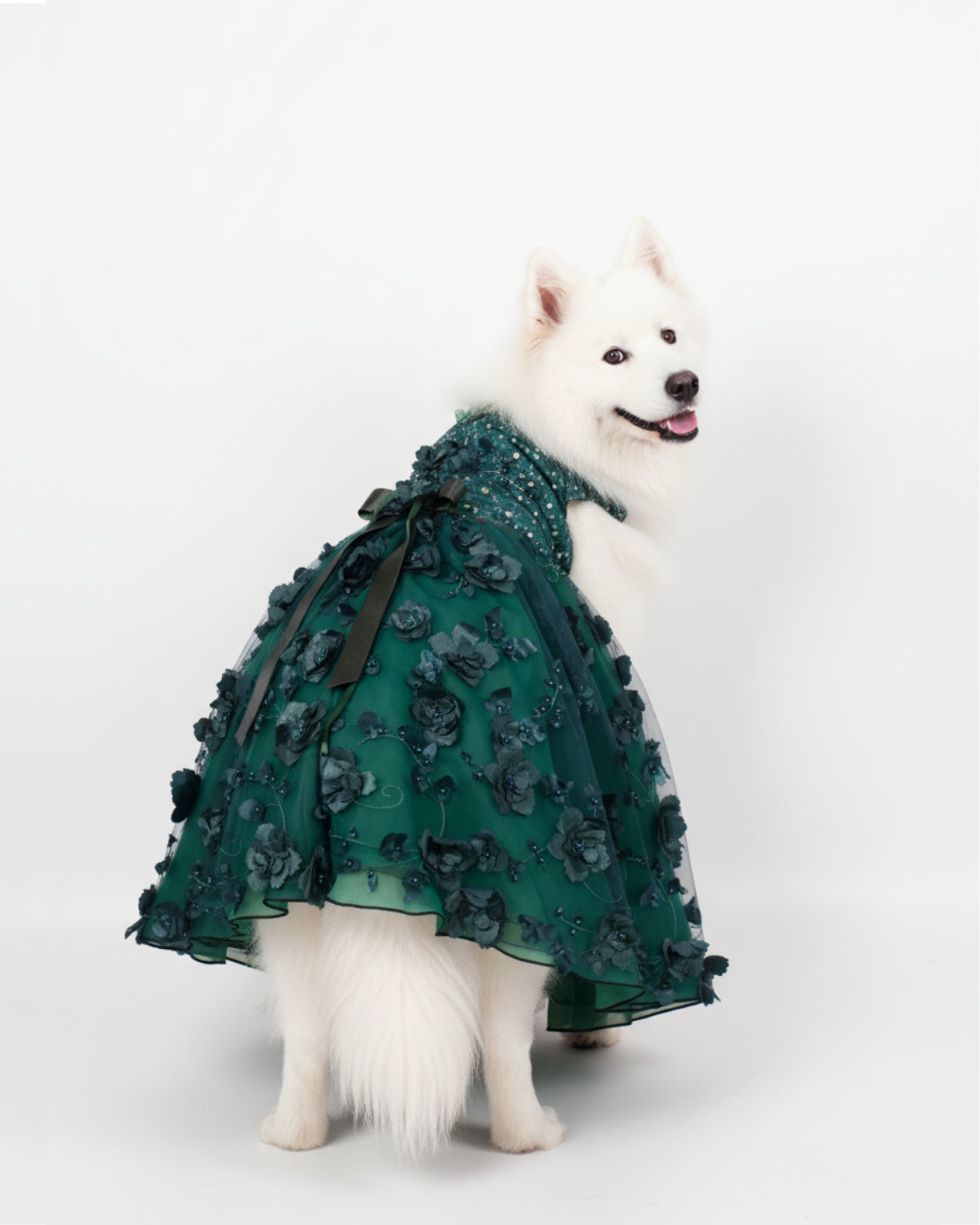 Emerald Green Sequin Floral Tulle Dog & Cat Dress – Elegant Wedding Style