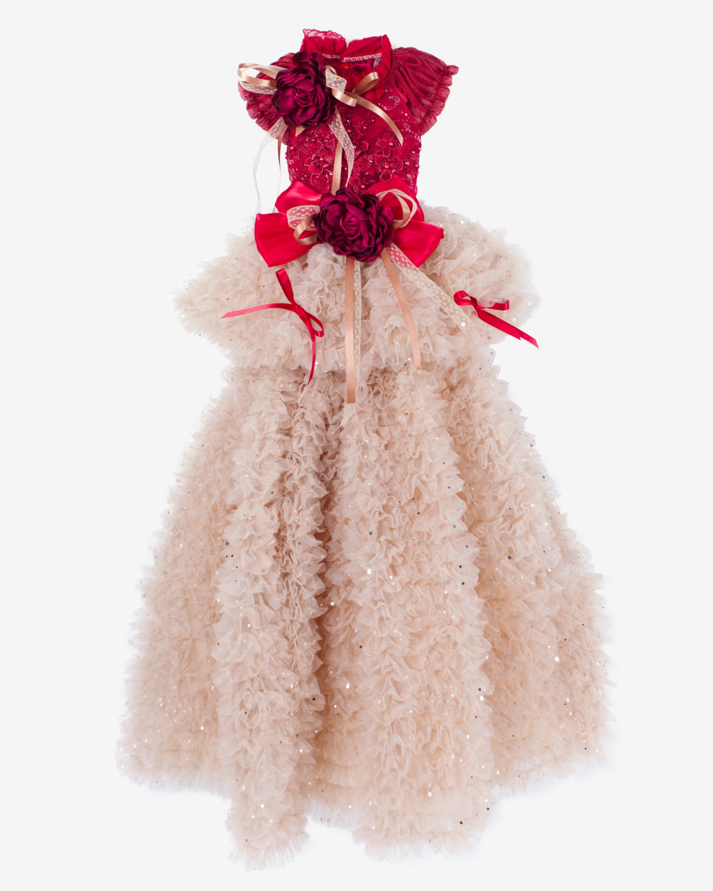 Champagne Tulle Lace Dog & Cat Party Dress with Rosette Bows – 2 Colors (Black/Red)