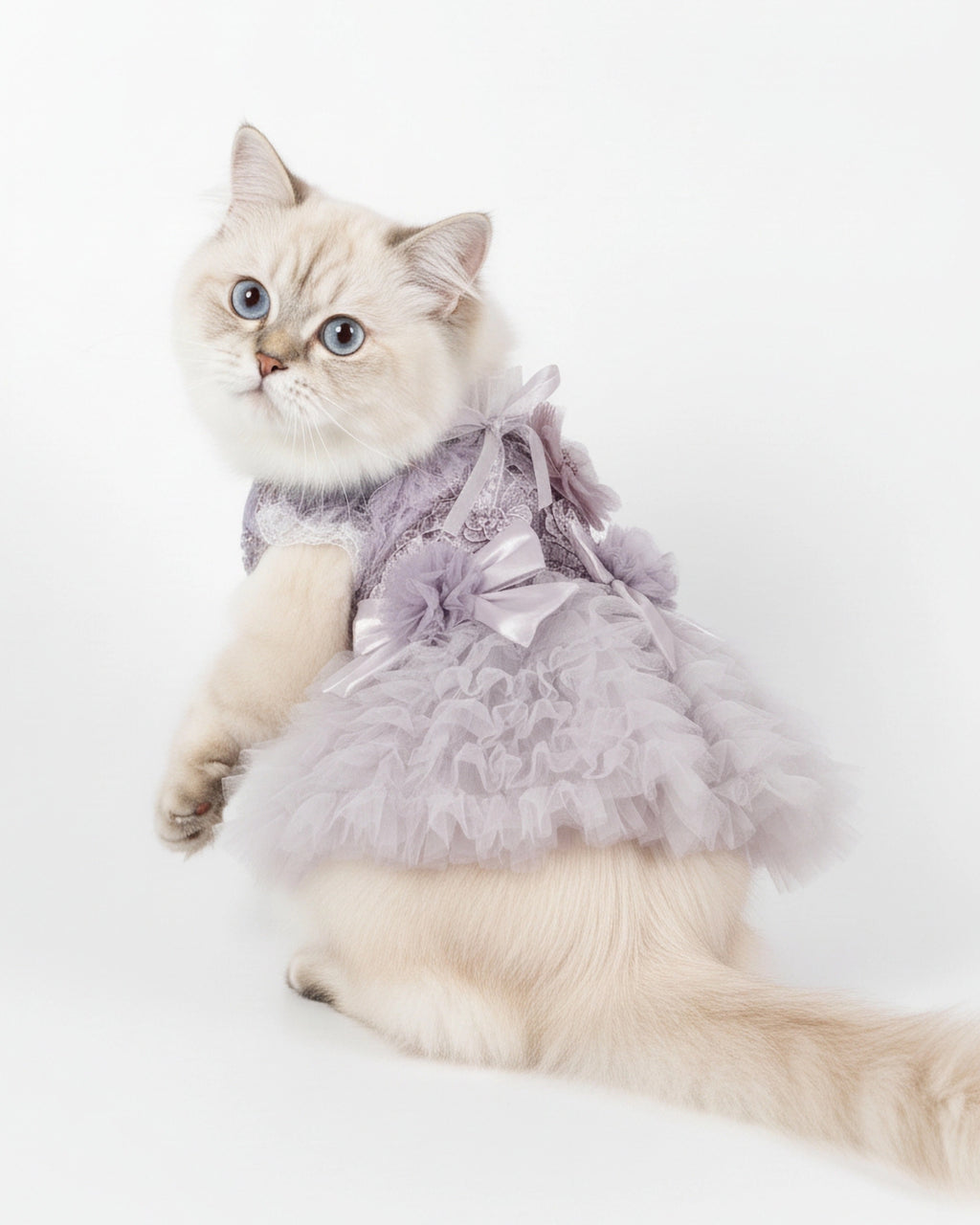 Gray & White Lace Tulle Dog & Cat Wedding Dress – Detachable 2-Piece Bridal Set