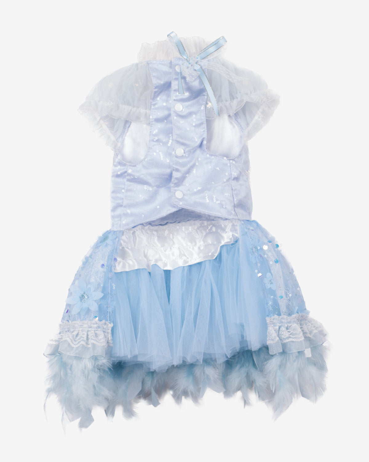 Lace Embroidered Pet Princess Dress with Feather Hem – 3 Colors (Purple/Blue/White)