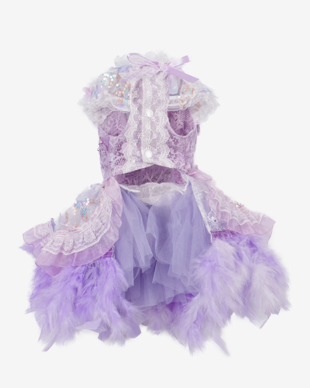 Lace Embroidered Pet Princess Dress with Feather Hem – 3 Colors (Purple/Blue/White)