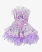 Lace Embroidered Pet Princess Dress with Feather Hem – 3 Colors (Purple/Blue/White)