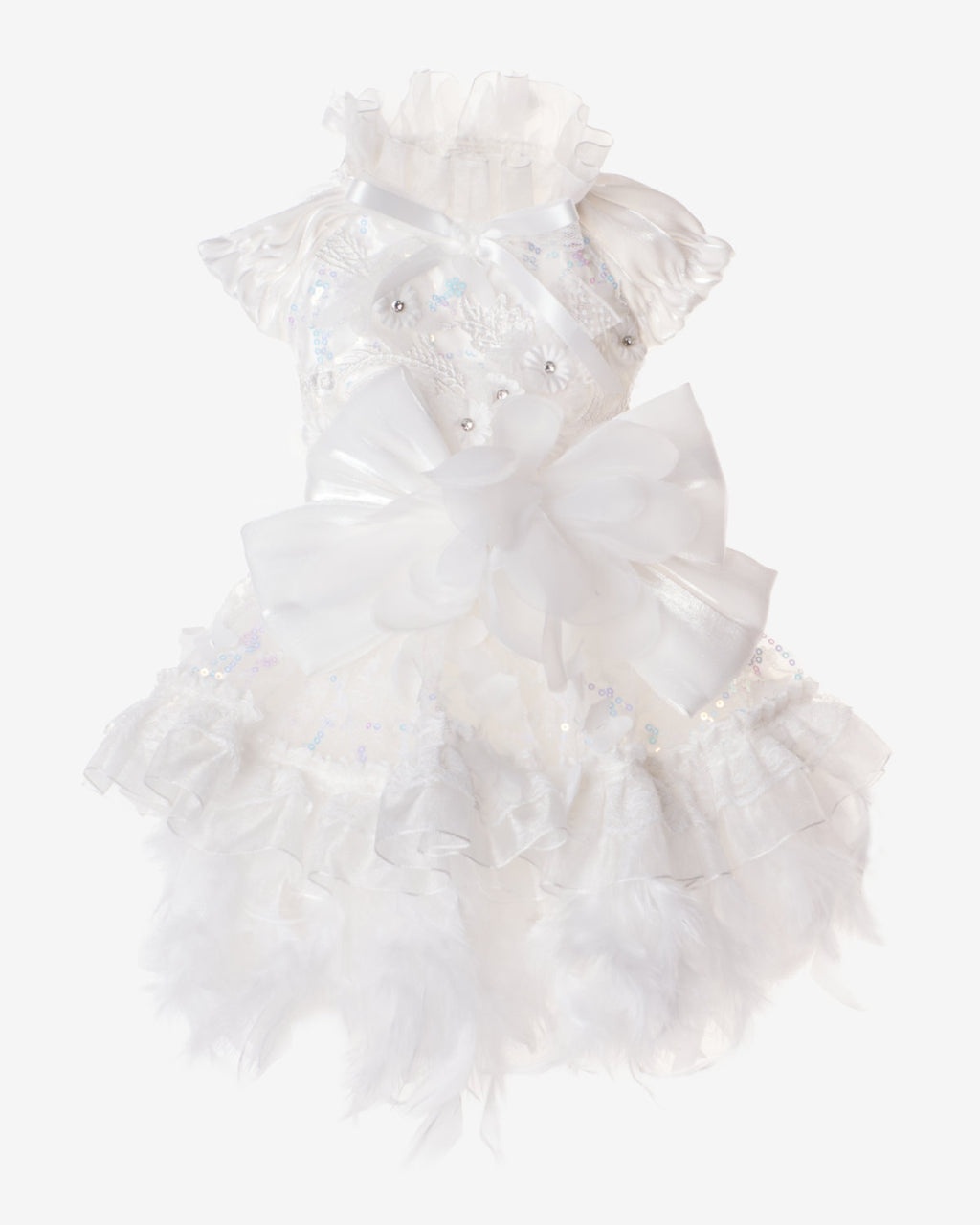 Lace Embroidered Pet Princess Dress with Feather Hem – 3 Colors (Purple/Blue/White)