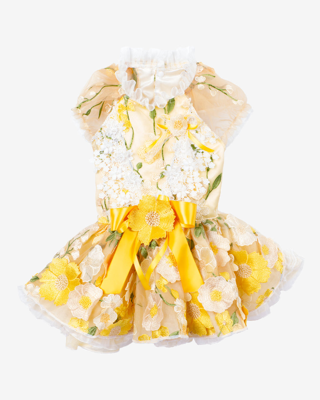 Cream Yellow Embroidered Floral Lace Dog & Cat Dress – Vintage Elegant Style