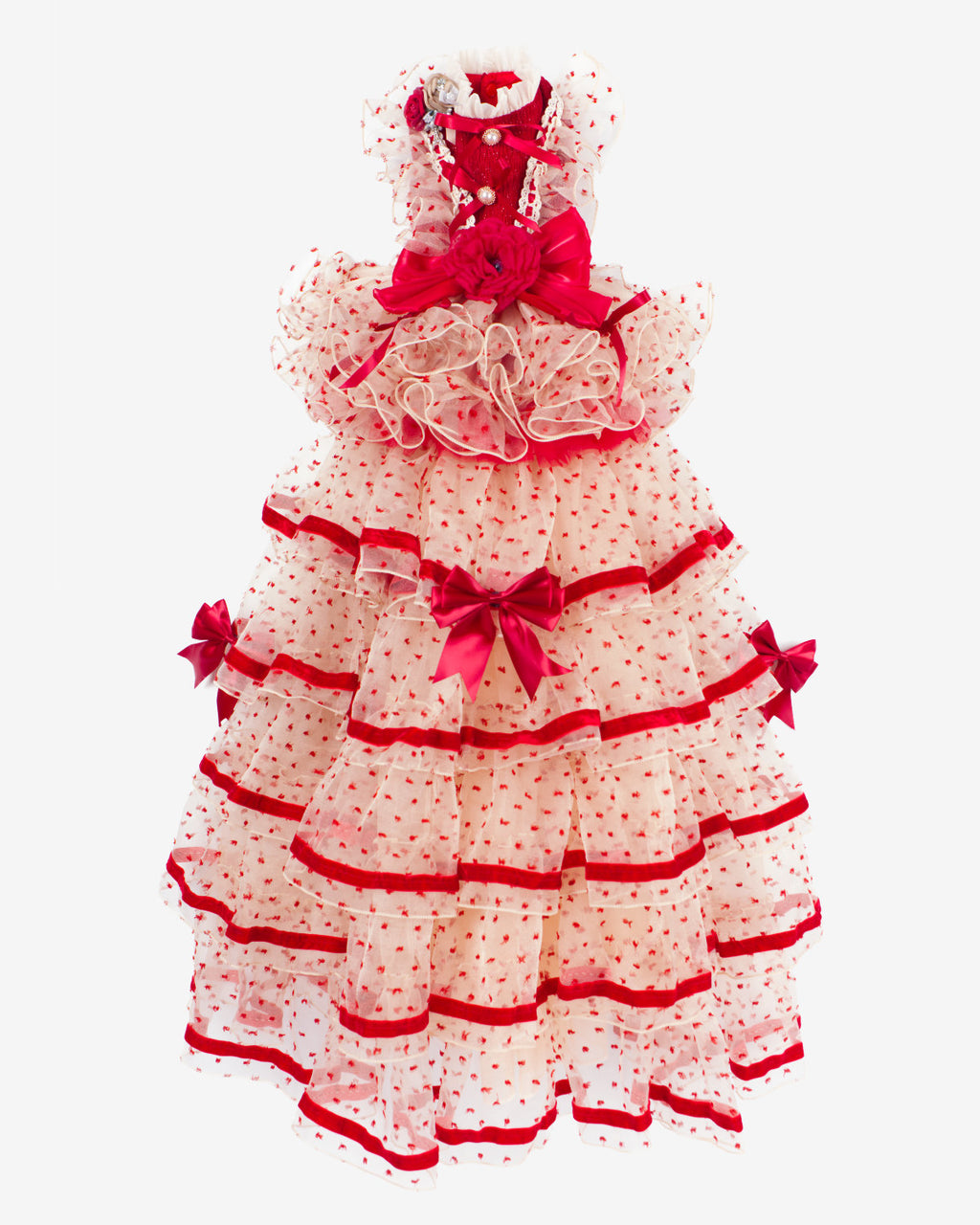 Red & Ivory Heart Tulle Dog & Cat Dress – Detachable 2-Piece Set