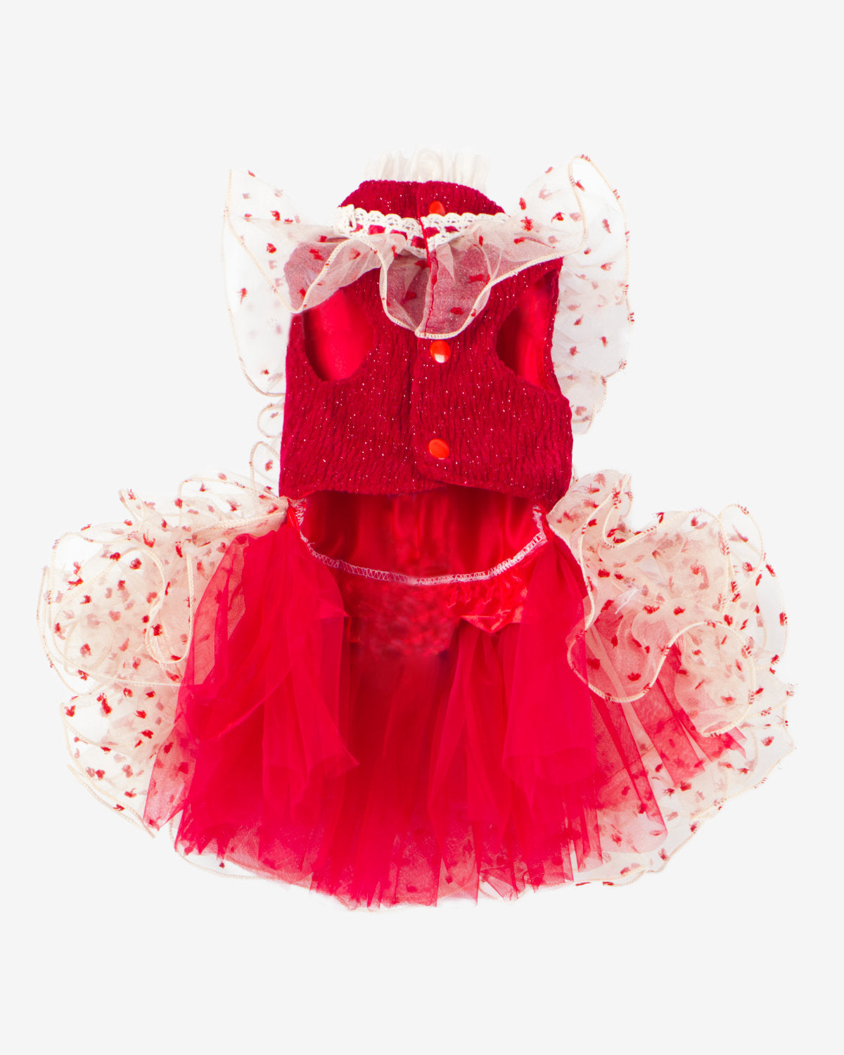 Red & Ivory Heart Tulle Dog & Cat Dress – Detachable 2-Piece Set