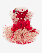 Red & Ivory Heart Tulle Dog & Cat Dress – Detachable 2-Piece Set