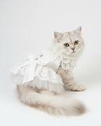White Lace Ruffle Dog & Cat Dress – Satin Bow (Wedding)